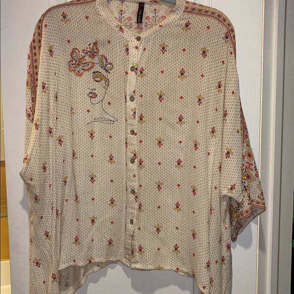 JUNIPER BRAND BEIGE RED MUSTARD YELLOW COLOR BLOUSE BEADED FACE DESIGN ON FRONT - Picture 3 of 16